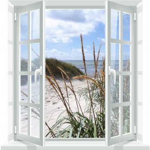 Vinduesparti med udsigt til strand - vgfolie - 100 x 100 cm