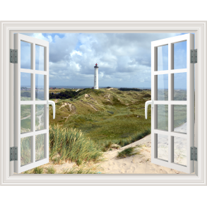 Vinduesparti med udsigt til strand og fyrtrn - vgfolie
